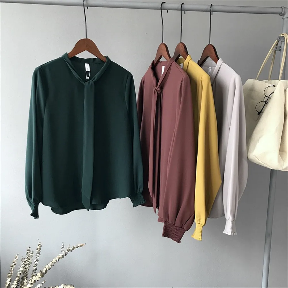 High quality Casual Chiffon Women blouse shirt Lantern Sleeve Office Work Shirts Blouse Solid Elegant Loose Tops Blusas (3)