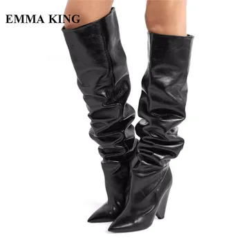 

EMMA KING 2018 Botas Mujer European Style Stage Pointed Toe Winter Long Boots Sexy Solid Pleated Spike Heels Dress Shoes Women