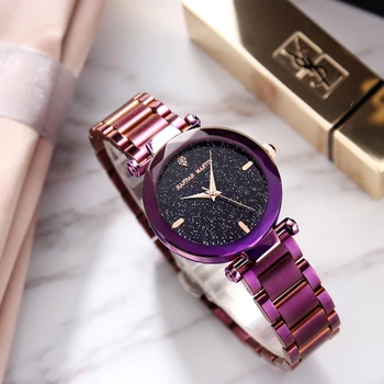 

Rose gold, Purple Color Women Watches Luxury Solid Stainless Steel Band Starry Sky Female Quartz Wristwatch
