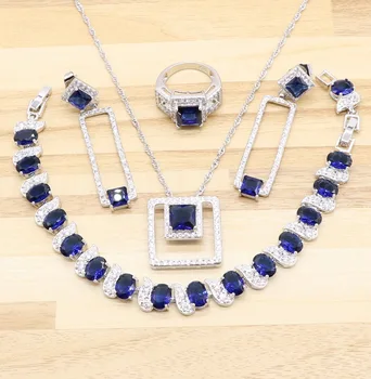 

2019 Women Four Piece Blue Cubic Zirconia square Fashion 925 Silver Jewelry Sets Angelic Necklace Ring Earring Bracelet Free Box