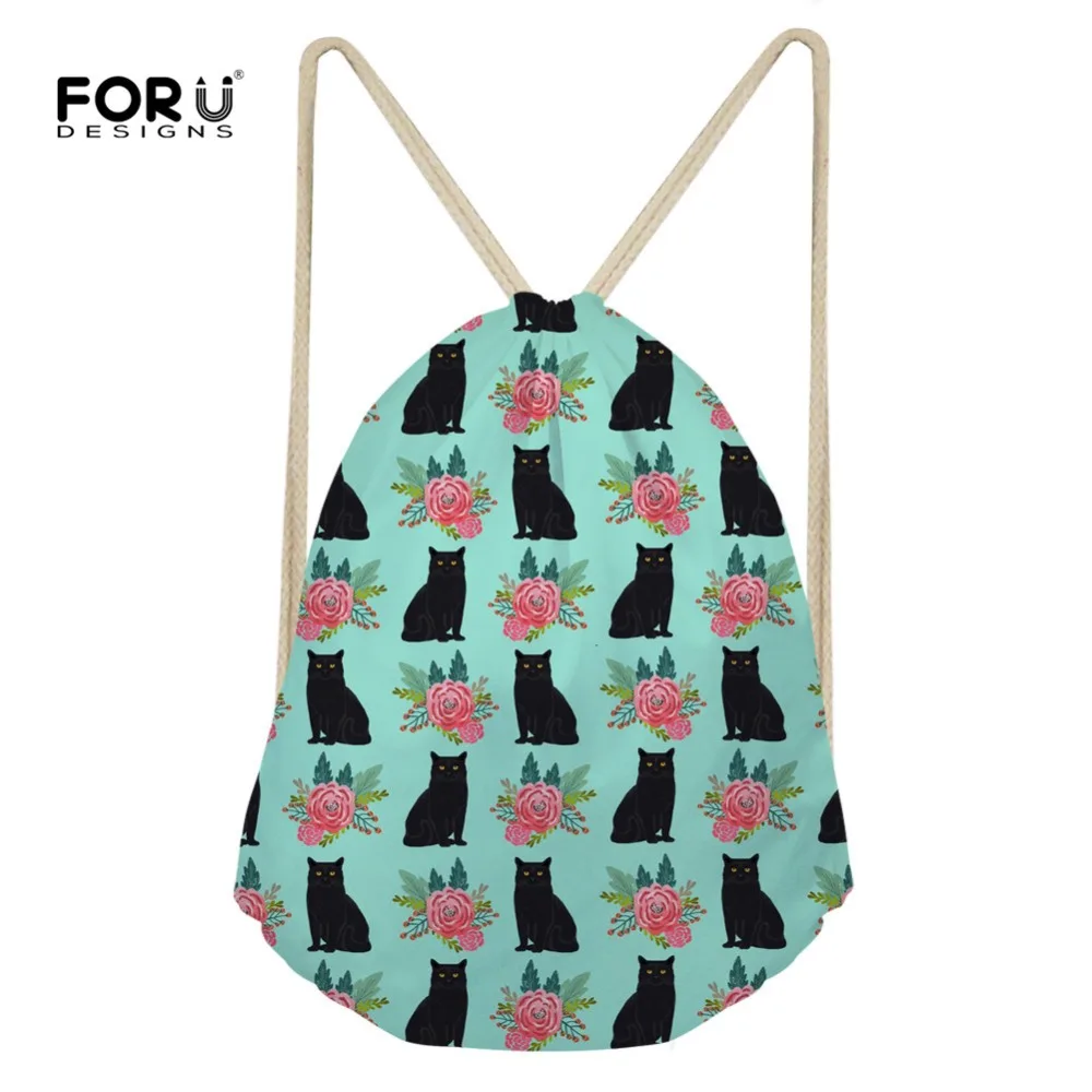 FORUDESIGNS Drawstring сумка небольшой Для женщин Рюкзак Kawaii животных черная кошка печать Пляж Спортивные хранения Сумки-холсты строка плеча