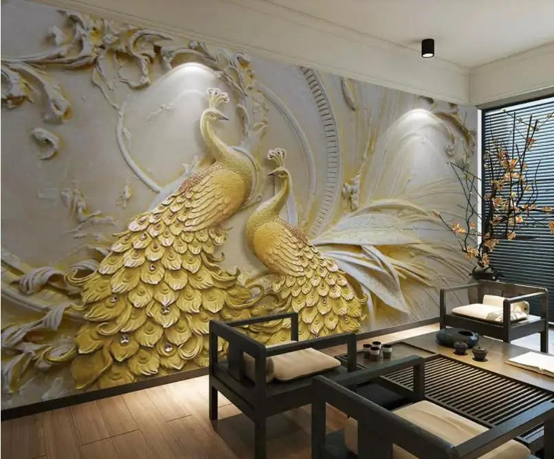 

custom photo wallpaper 3D embossed golden peacock background wall painting relief wallpapers