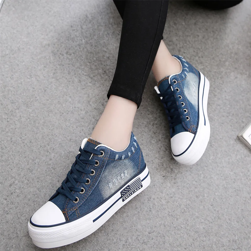 

All seasons Canvas Shoes Casual Women Shoes Women Sneakers Gradient Denim Flat Shoes Lace-up Height Increase Female Shoes#N3