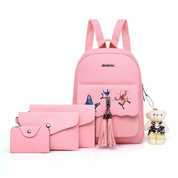 

PU Leather Women Backpack High Quality Small Ladies Tassel 4 Pieces Set School Bags For Teenage Girls Fashion Female Travel Bag