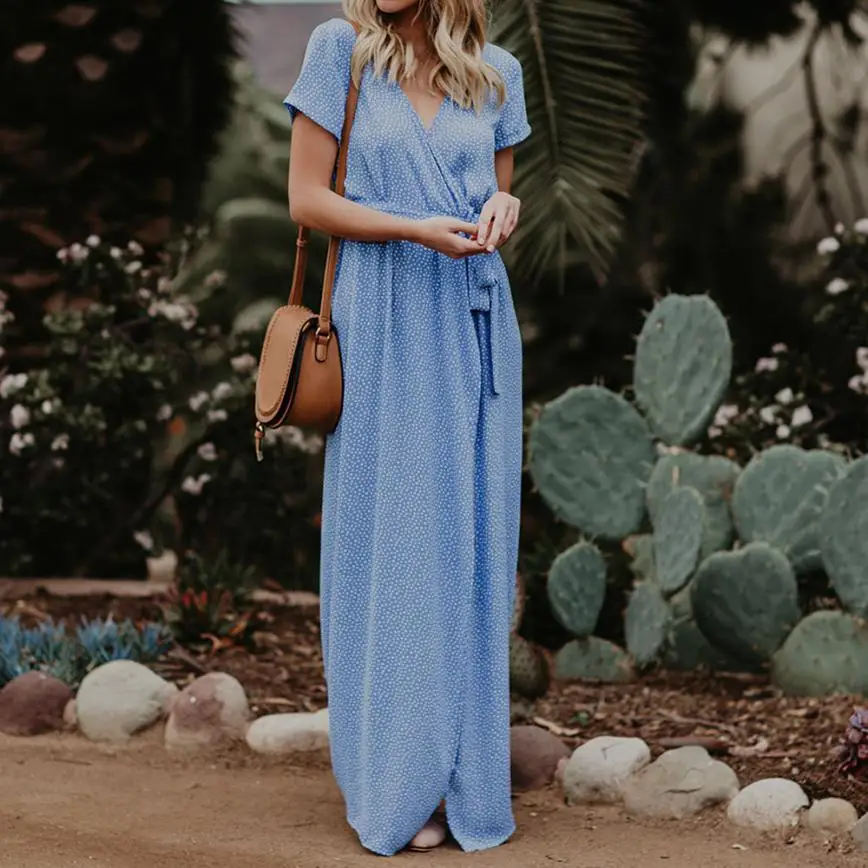 Новые женские Макси Boho горошек летнее платье с v образным вырезом пляжное длинное
