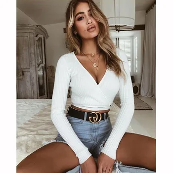 

2018 Autumn Fashion Blouse Sweater V Neck Long Sleeve Bandage Crop Shirt Sexy Slim Women Pullover Kardigany Damskie Wy*