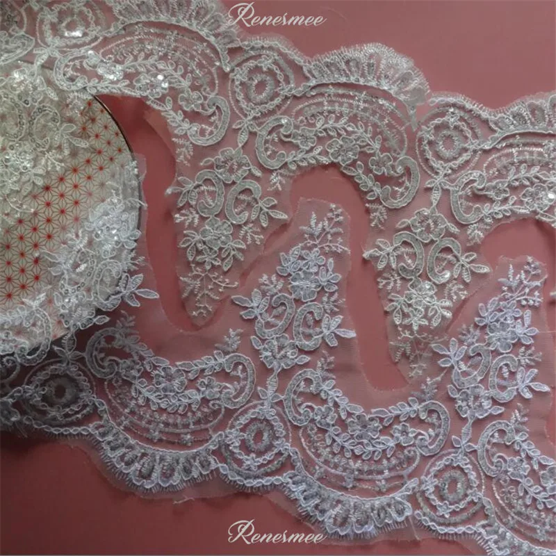 

Delicate 1Y White/Ivory Cording Fabric Sequins Flower Venise Venice Mesh Lace Trim Applique Sewing Craft for Wedding Dec. 21cm