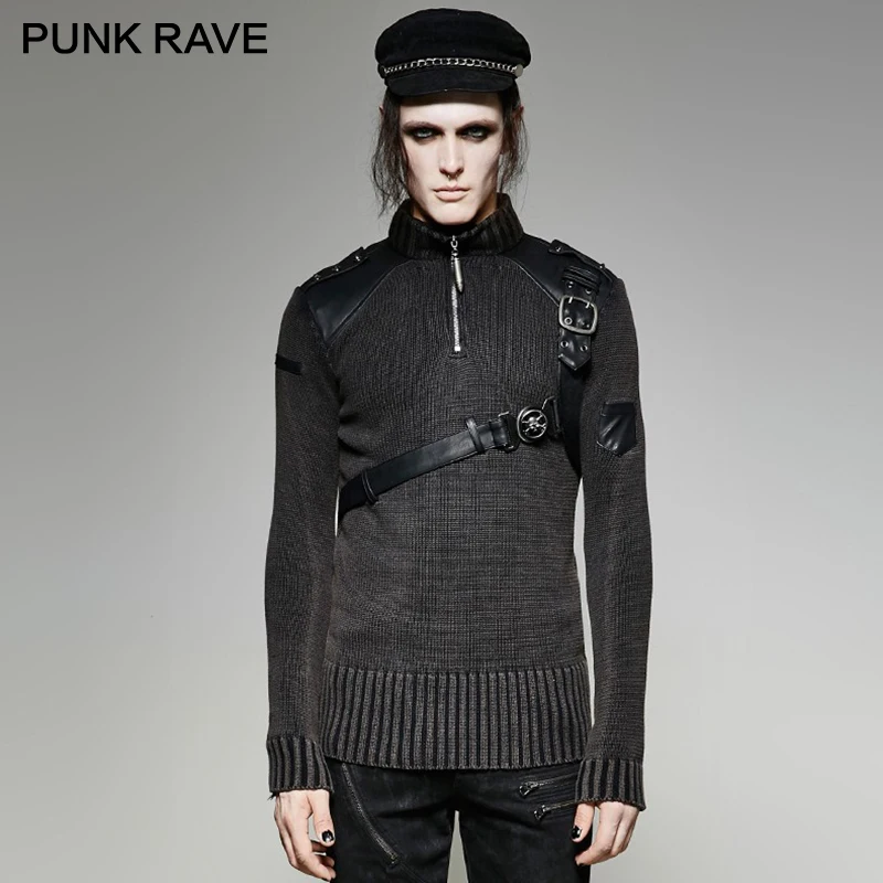#^Special Price PUNK RAVE Heavy Punk Style Autumn Winter Studded Pullover Leather Sweater Black Men Steampunk Good-fitting Retro Military