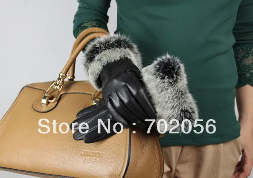 

BEAUTIFUL Women rabbit fur fringed Genuine leather gloves skin gloves LEATHER GLOVES mixed color SUPER QUALITY SOFT#3124
