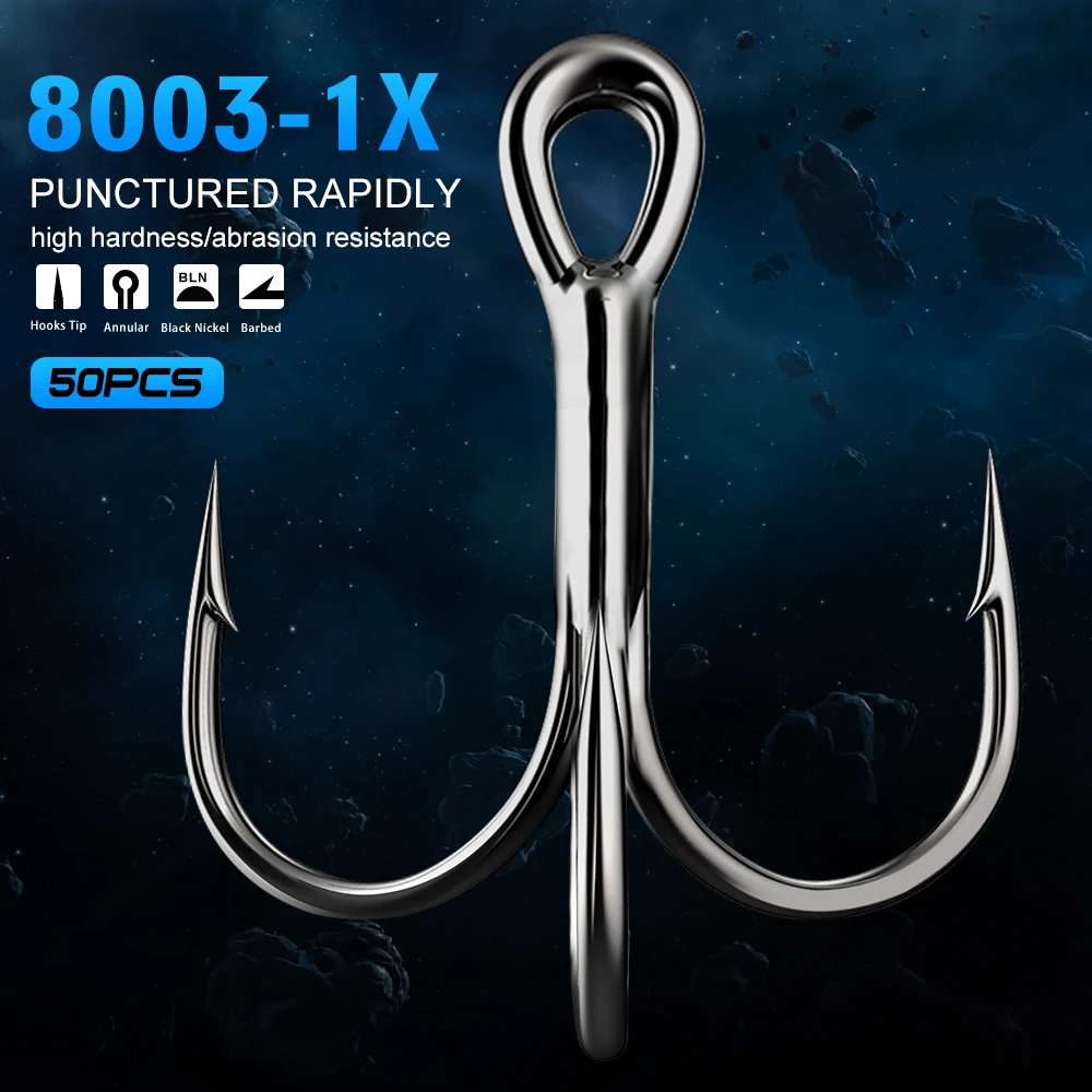 

50pcs/lot Saltwater Fishing Hook Black Nickle Treble Hooks 1#-12# 2/0#-5/0# High-Carbon Steel Fishhook High Strength Hooks