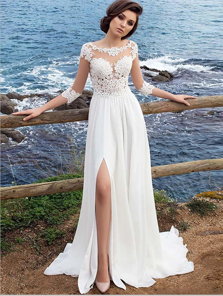 

Lace O-Neck Lace Boho Cheap Chiffon Dresses for Wedding Summer Beach Bridal Gown Bohemian Split Wedding Gowns robe de mariage