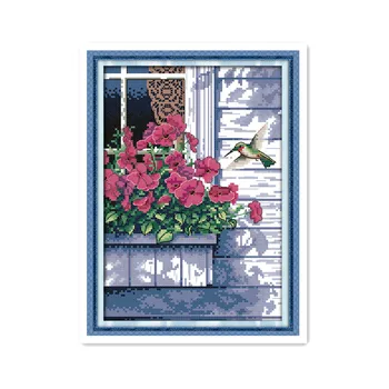 

Flowers outside the window and the cross-stitch pattern of hummingbirds, sunny and beautiful scenery handmade embroidery gifts
