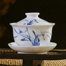 Голубая и белая фарфоровая чайная чашка/Gaiwan с традиционной китайской Тонкой кистью ручная роспись цветочной живописи CN-01-0013