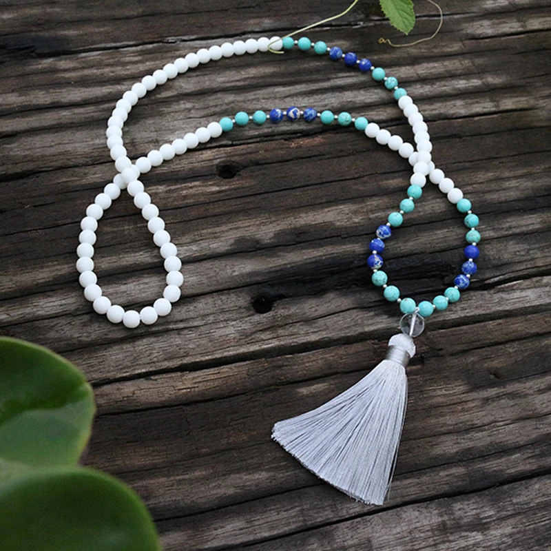 8mm Stone Beads, White Glass, Blue With King Turquoise,JapaMala,Yoga