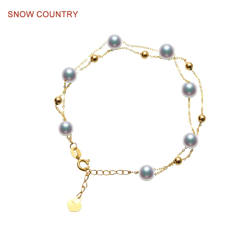 

SNOW COUNTRY 4-6.5mm Genuine White Natural Freshwater Pearl Two Bank Bracelet 18K Solid Gold For Girlfriend Gift Free Shipping