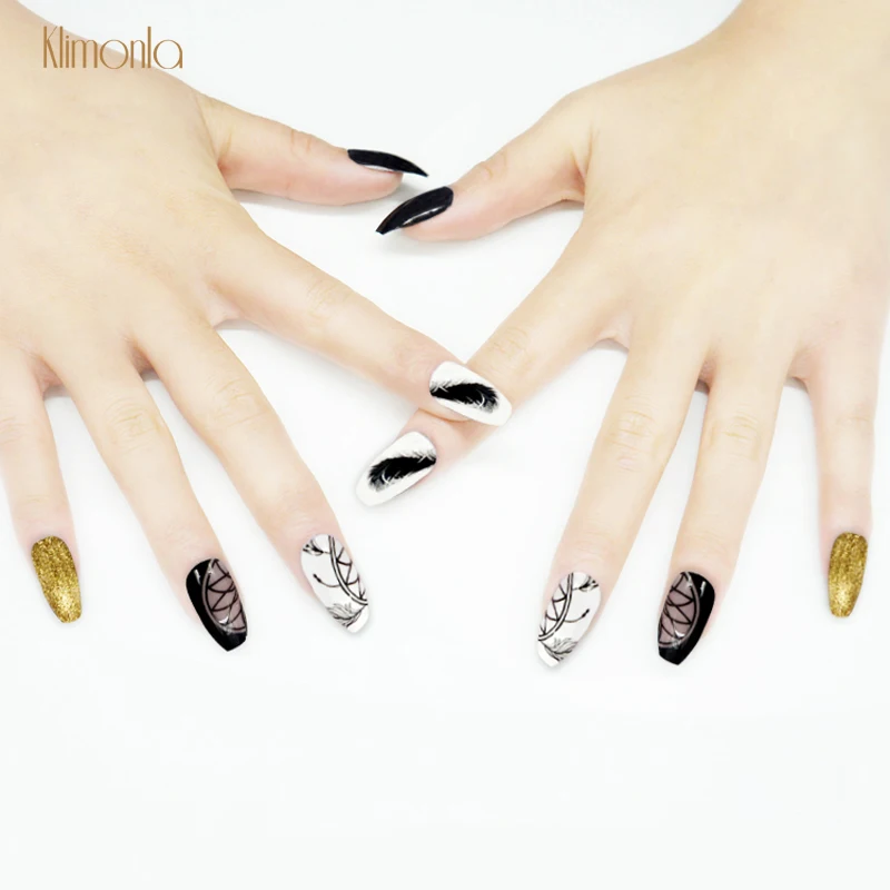 

24pcs Black Gold White False Nail Faux Ongles Middle Coffin Shape Press On Fake Nail Art Tips Full Cover Manicure Beauty Tools