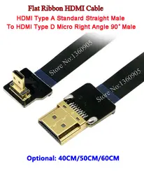 40 см/50 см/60 см ультра тонкий HDMI кабель Тип D Micro правый угол 90 градусов к HDMI тип A прямой плоский кабель FPV