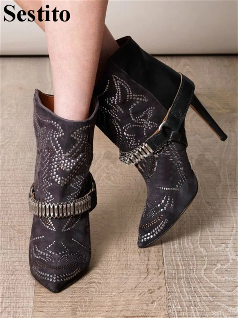 

Fashion Black Crystal Flock Patchwork Boots Pointed Toe Ankle Boots For Women Slip-on Thin Heels Short Boots Autumn Women Shoes