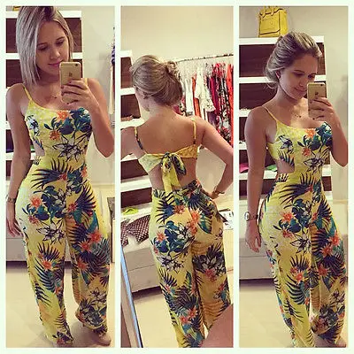 Yellow Women Jumpsuits Rompers Lady Clubwear Summer Backless Bandage Playsuit Bodycon Party Trousers Size S to XL