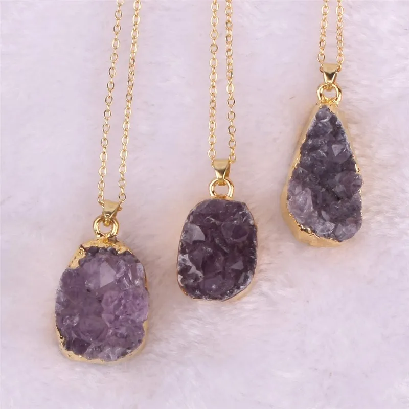 Новые модные ювелирные изделия случайного размера, ожерелье с фиолетовыми стразами из натурального кварца, ожерелье с подвеской из драгоценного камня, ювелирные изделия из натурального камня