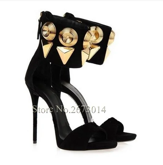 ФОТО Top Selling Fashion Women Gold Metal Studs Ankle Strap Pumps Peep Toe Black Flock Back Zip High Heel Sandal Summer Dress Shoes