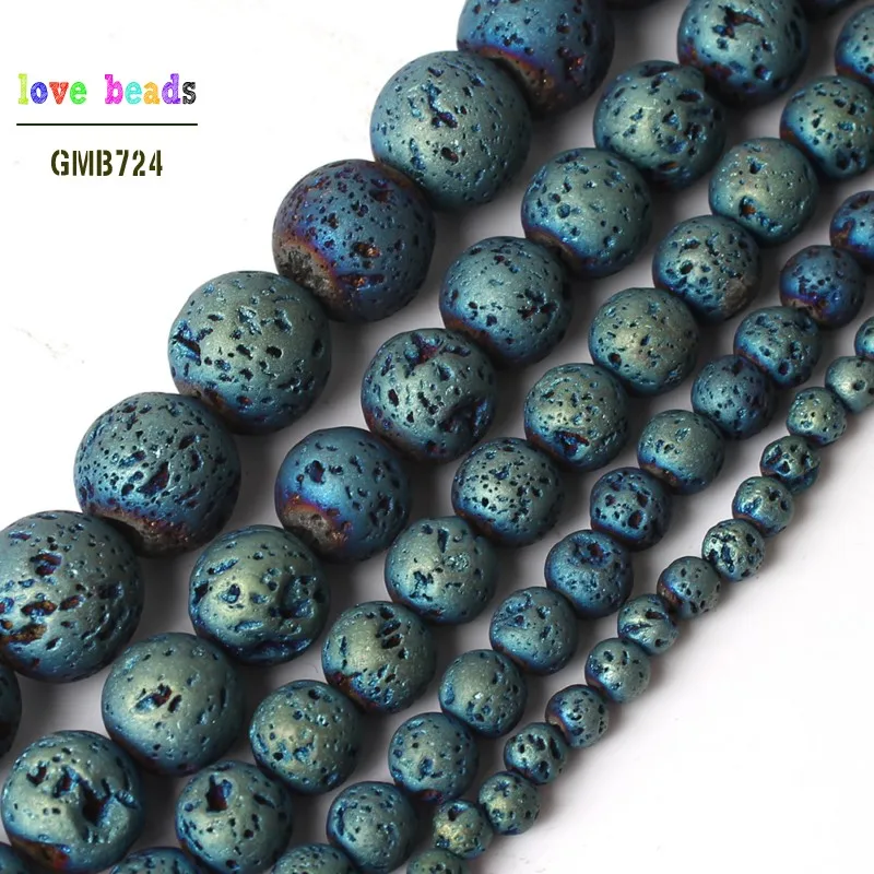 

4/6/8/10/12mm Electroplated Blue Volcanic Lava Round Loose Rocket Beads for Jewelry Making DIY Bracelet 15inches
