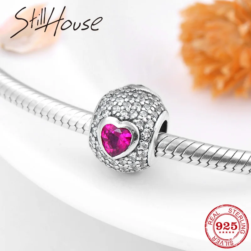 

Round shape Rose red heart 925 Sterling Silver Charms zircon Beads Fit Original Pandora Charm Bracelet DIY Jewelry Making