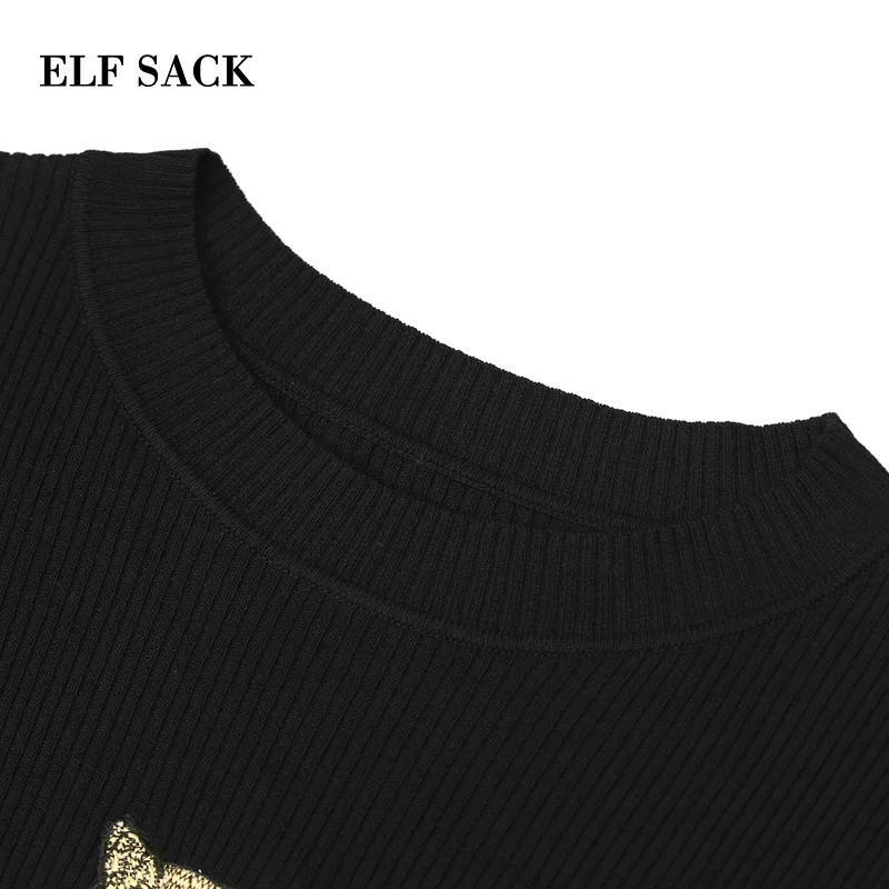 ELF SACK 2019 Skinny Woman Sweater Casual Hand Knitted O-Neck Short Women Pullovers Cat Print Streetwear Female Sweater