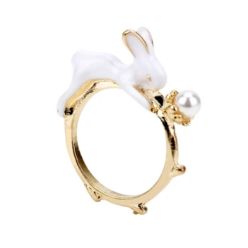 

MQCHUN Sweet Fashion Jewelry Bunny White Rabbits Rings Alloy Imitation Pearl Index Finger Rings