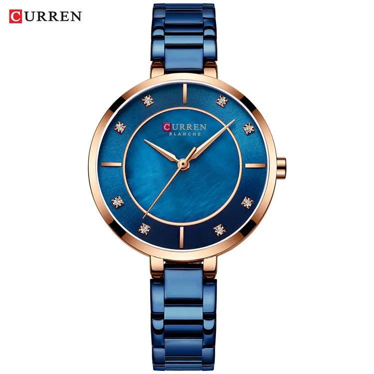 CURREN женские часы люксовый бренд модные повседневные женские часы женские кварцевые бриллиантовые женские наручные часы с браслетом для женщин - Цвет: blue
