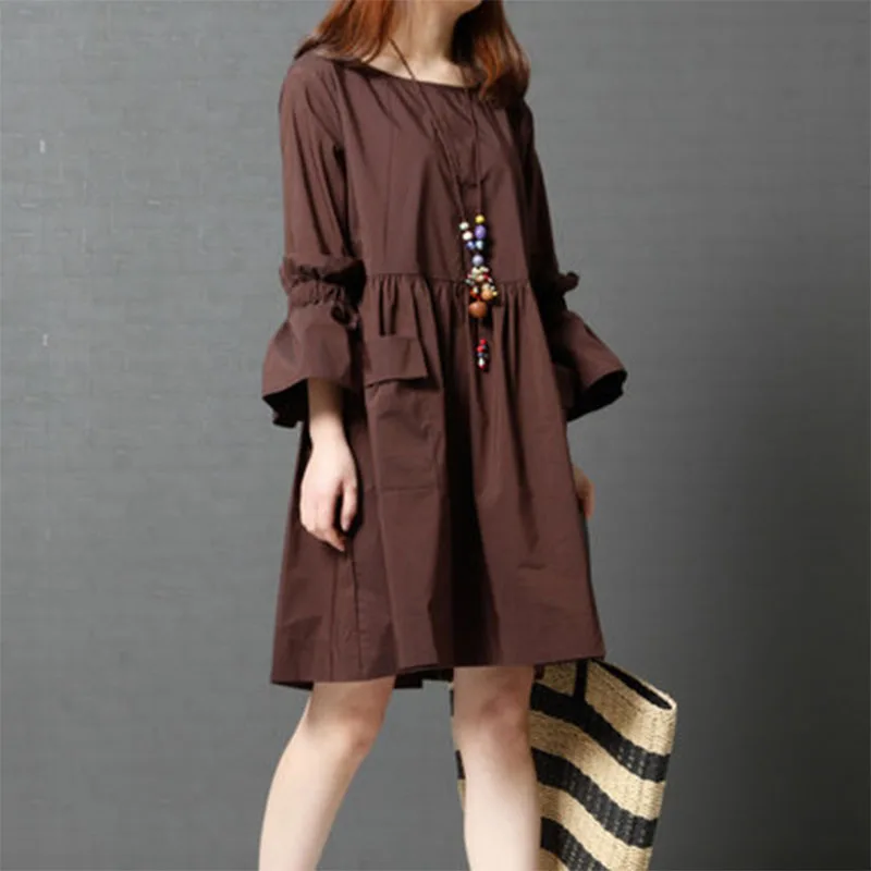 

Japan Fashion Mori Girl Style Dress 2018 Spring New Women Literary Vintage Solid Color Flare Sleeve O-neck Bottoming Dress