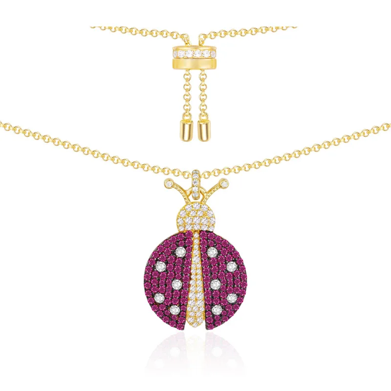 

SLJELY 925 Sterling Silver Yellow Gold Color Red Ladybug Pendant Necklace Pink Cubic Zirconia Women Monaco ARC EN CIEL Jewelry