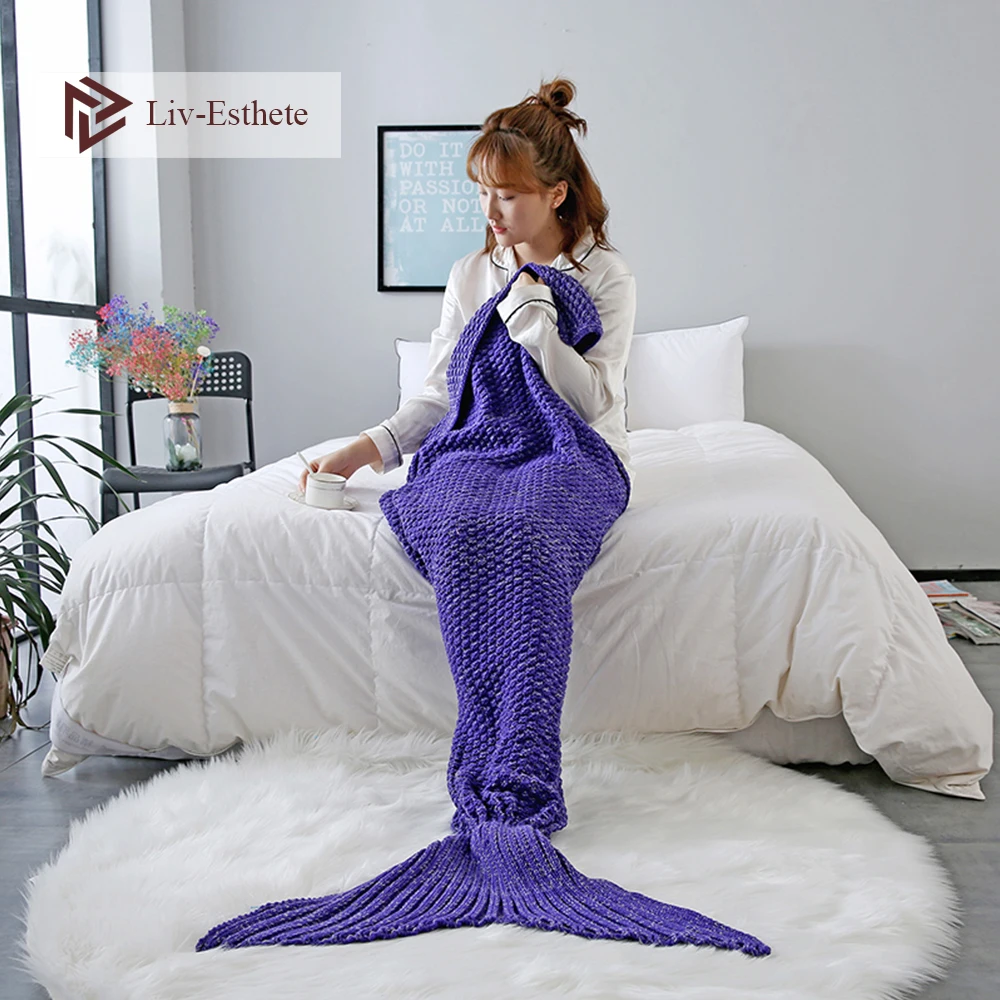 

Liv-Esthete Dark Blue Mermaid Tail Blanket Throw Blanket Sofa Bed Sleeping Bag Wrap Knitted Blanket For Adult Kids Best Gift