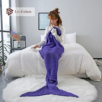 

Liv-Esthete Dark Blue Mermaid Tail Blanket Throw Blanket Sofa Bed Sleeping Bag Wrap Knitted Blanket For Adult Kids Best Gift