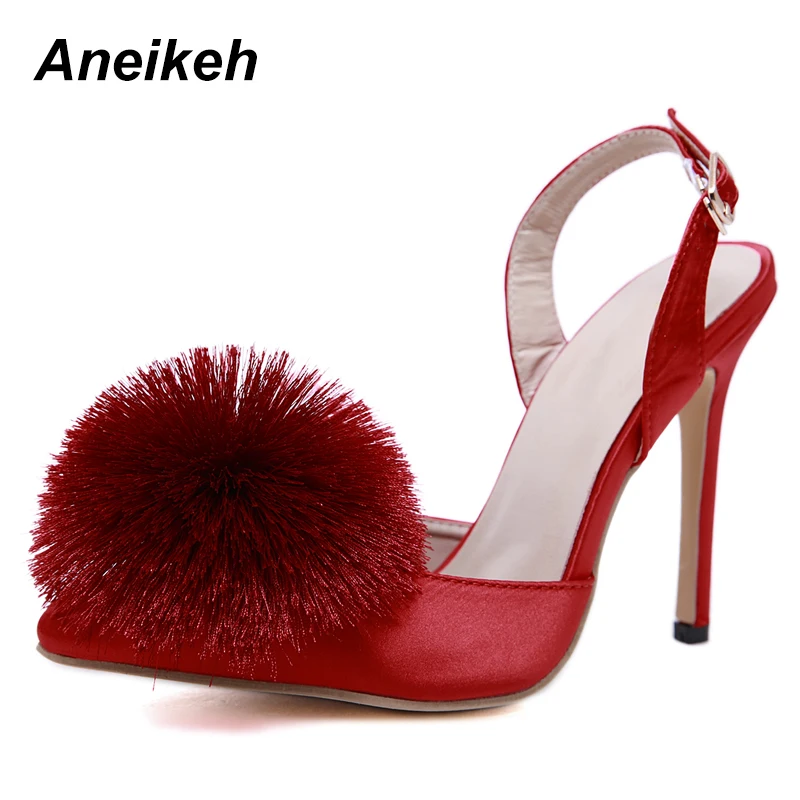 

Aneikeh New Fringe Ball Women Pumps Pointed Toe Ankle Strap High Heels Ladies PomPom Shoes Woman Cutout Gladiator Sandals