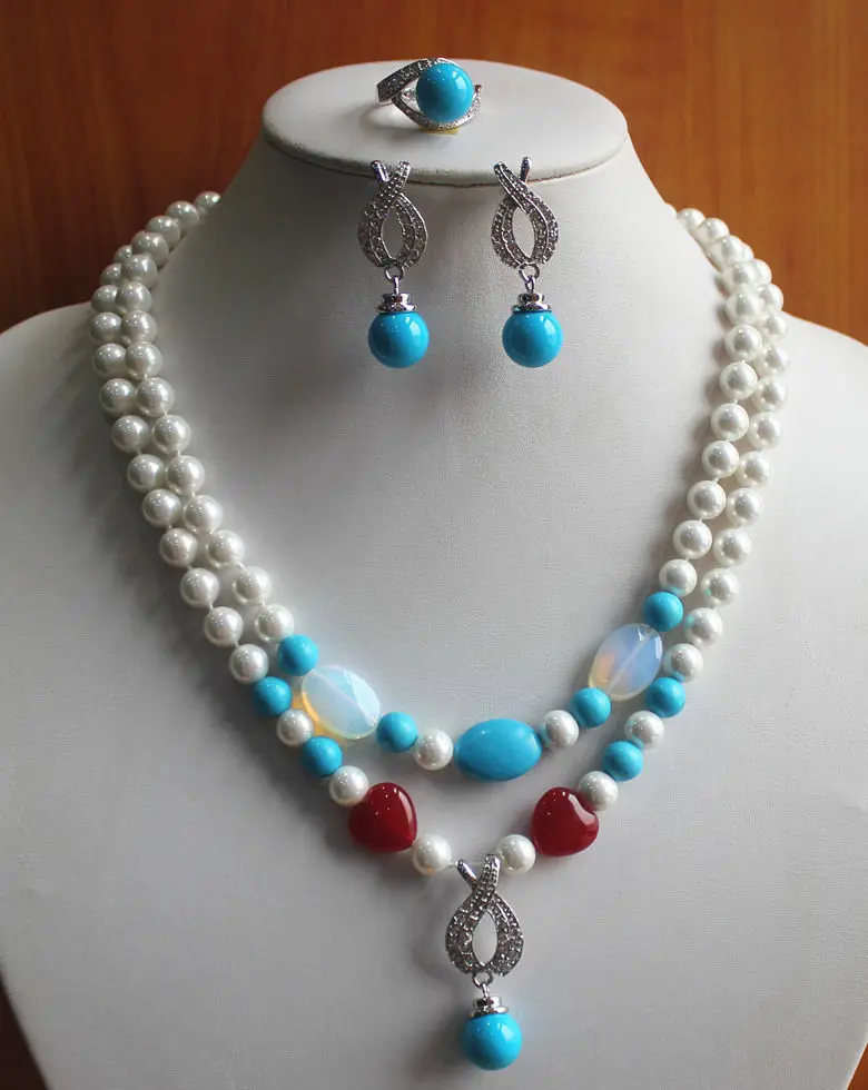 

New Charming 8mm2Rows Mixed Colors Jade/Pearl /Crystal Necklace Earring Ring Set 5.23