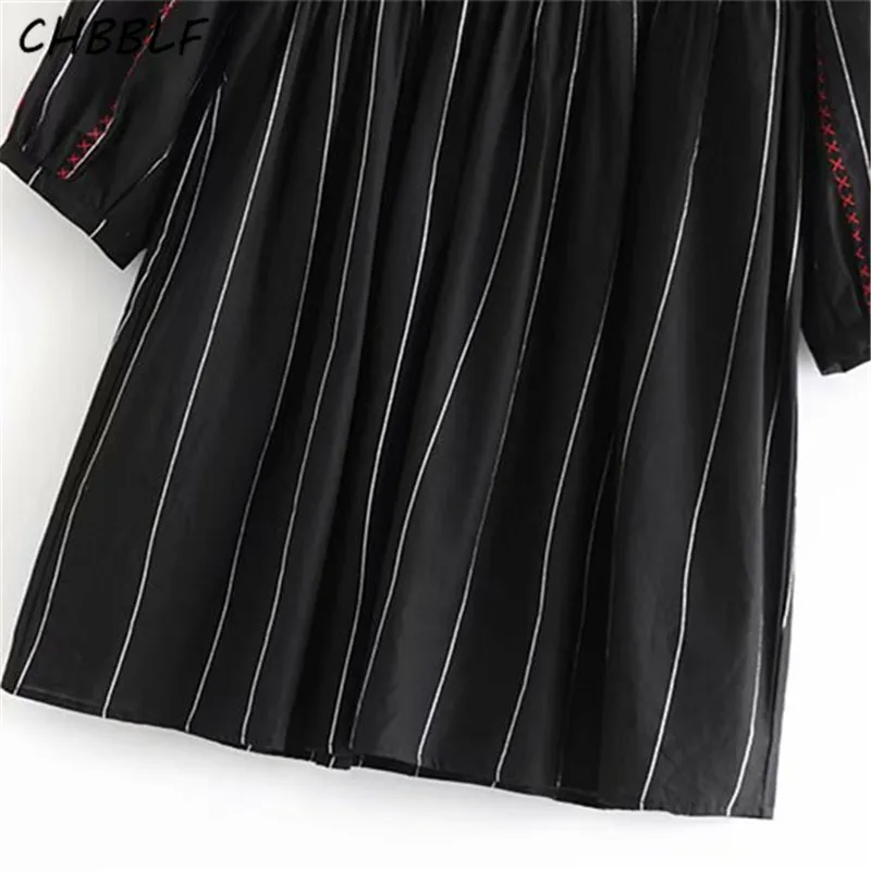 CHBBLF женское платье с цветочной вышивкой черное с рукавом три четверти Полосатое Плиссированное повседневное шикарное мини-платье vestido BGB8503