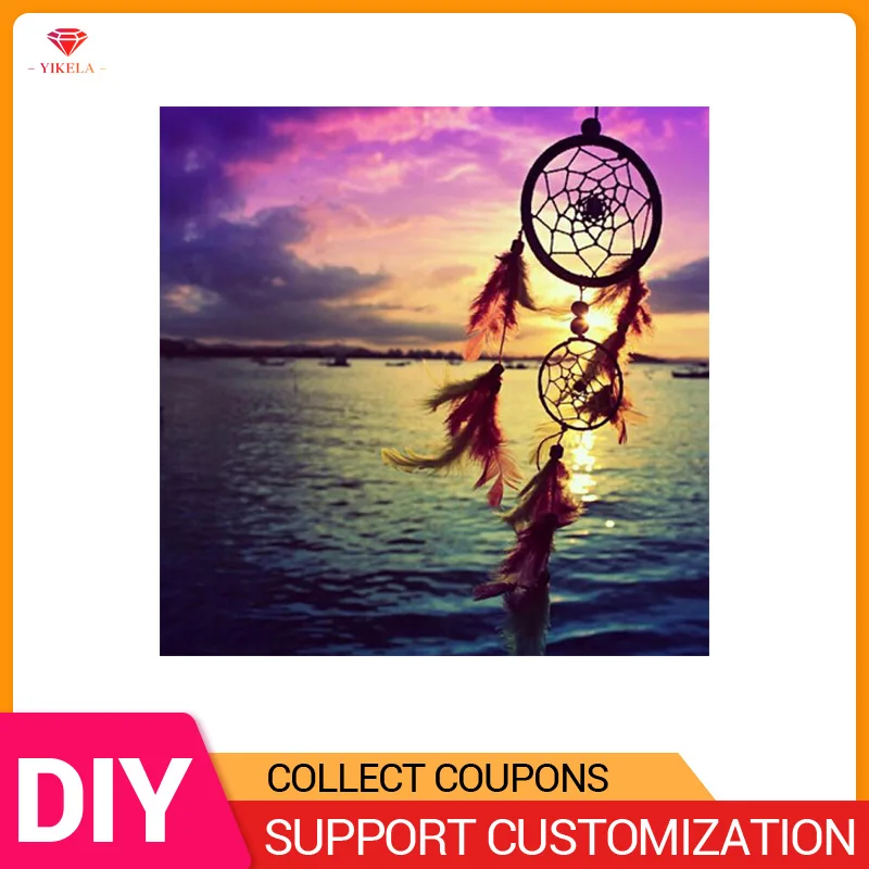 

YIKELA Diamond Painting 5D DIY Dreamcatcher Scenery Beach Sunset Accessory Mosaic Full Drill Round Stitch Embroidery Display