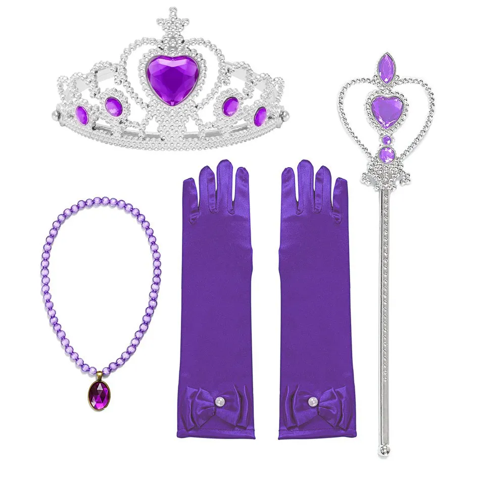 VOGUEON Girls Belle Sofia Elsa Aurora Princess Accessories Magic Wand Crown Necklace Gloves Rings Earrings Set Children Dress UP