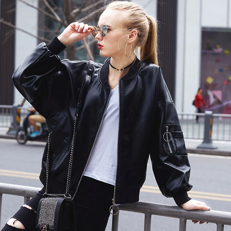 Autumn Women's Casual Leather Jacket Female Zipper Pockets