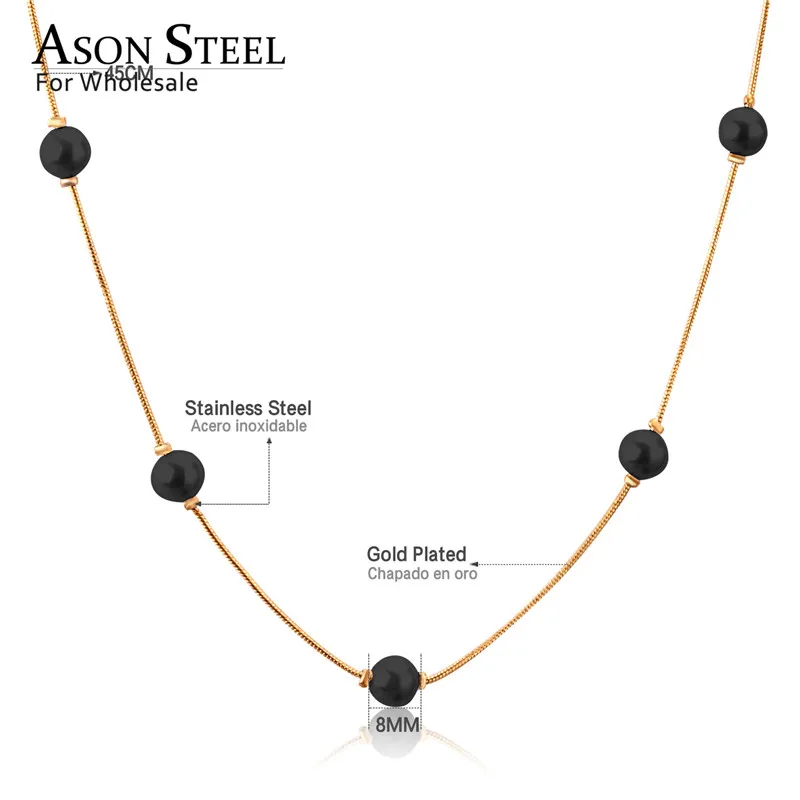 ASONSTEEL Gold/Silver White Black Round Imitation Pearl Pendant Necklace Stainless Steel Snake Chain Jewelry Collars Gift Party