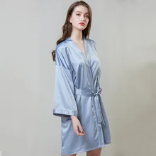 Женский летний короткий мини-халат, искусственный шелк, сексуальный халат кимоно, банное платье, однотонные халаты для невесты, для невесты, подарок для леди, M, L, XL