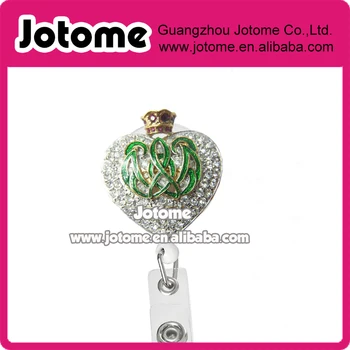 

Vintage Estate Jewelry Rhinestone Enamel Heart Retractable ID Badge Reel holder with Crown
