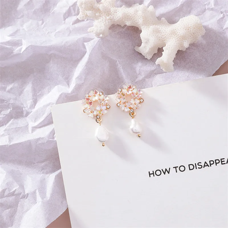 Новые Элегантные Круглые серьги Стразы с ракушками и цветами для девочек модные