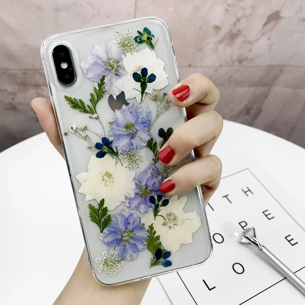 

Handmade Dried Real Flowers Pressed Phone Case For iPhone X XR XS Max 6 6S 7 8 Plus Cases Transparent Soft TPU Back Cover