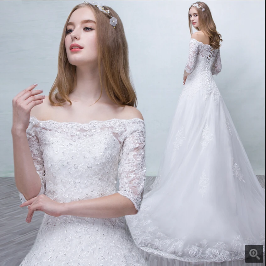 

Robe de mariage a line white lace appliques beaded wedding dress court train off the shoulder half sleeve modest wedding gowns