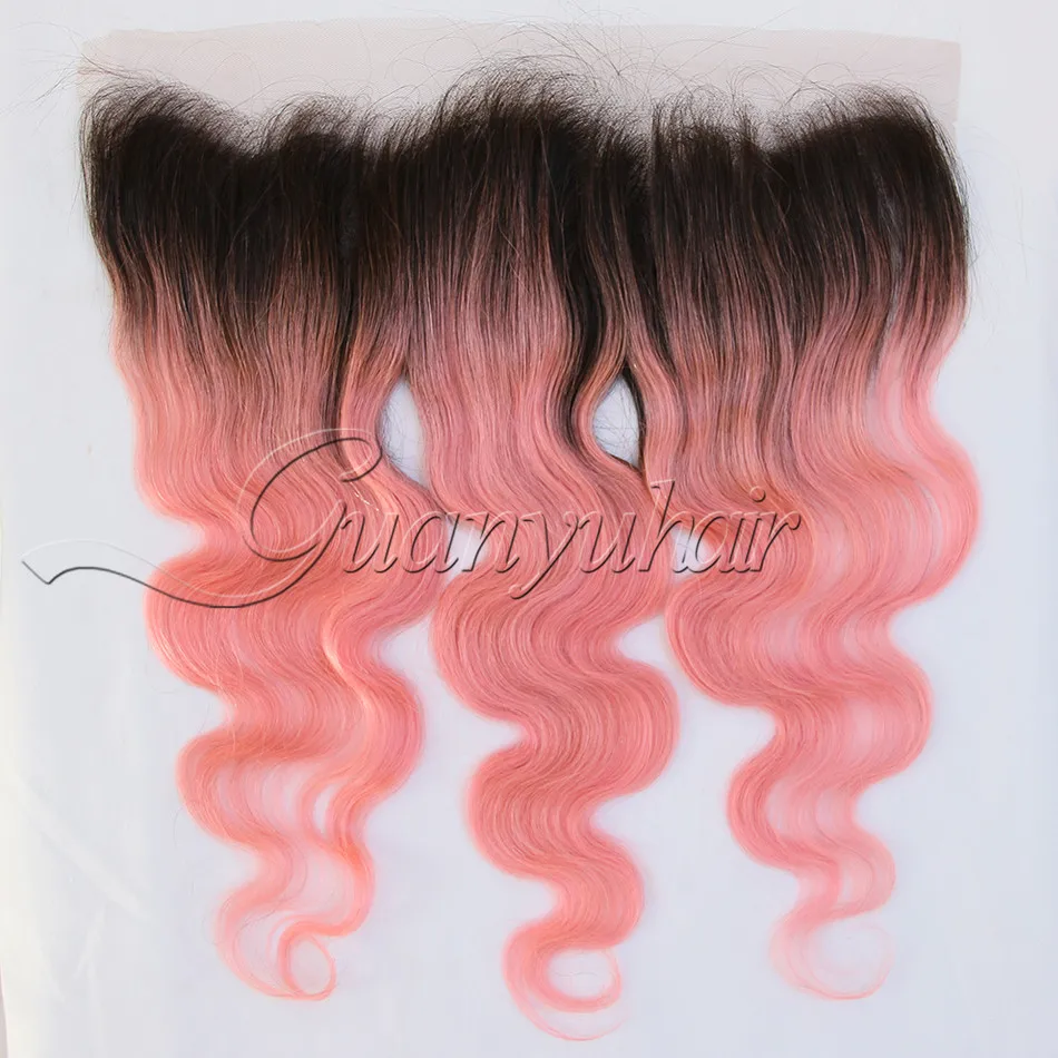 Guanyuhair Ombre # 1B/розовый 3 Связки с 13x4 кружева Фронтальная застежка уха до перуанской