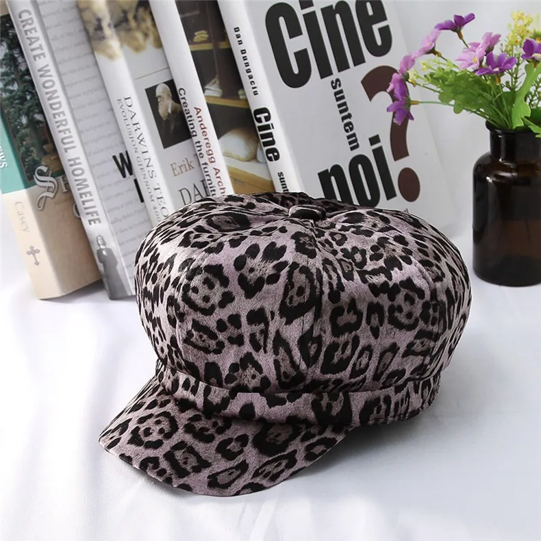 Новые модные женские береты с леопардовым принтом, кепка s Newsboy, винтажная восьмиугольная кепка, Женский Регулируемый берет на шнуровке - Цвет: Light Purple
