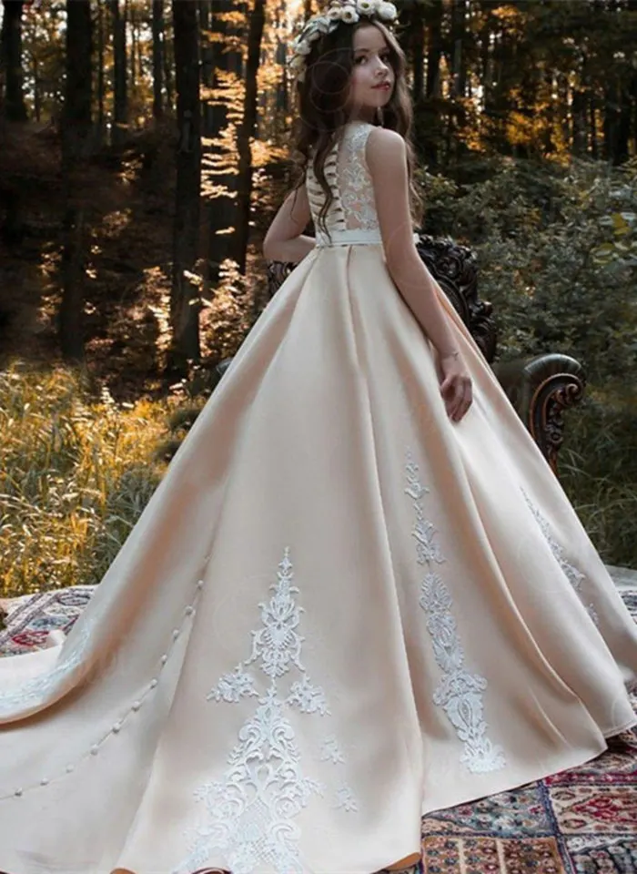 

Flower Girls Dress Elegant Satin applique For Wedding Girls First Communion sleeveless Dresses Party Special Occasion Dresses