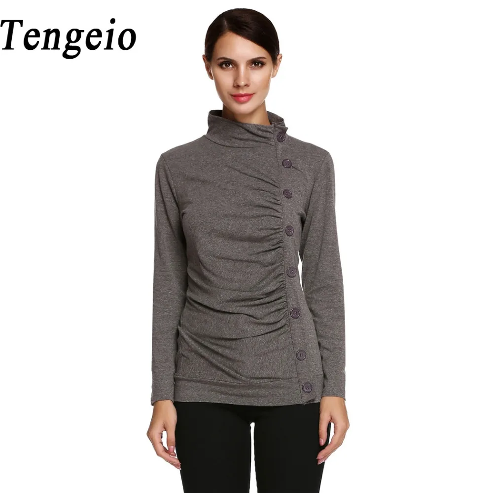 Tengeio Kadınlar Turtleneck Uzun Kollu tshirt Rahat Tek Yan Düğme uzun Kadınlar Için Sonbahar kış Tunik Üstleri Tee Gömlek Femme 610